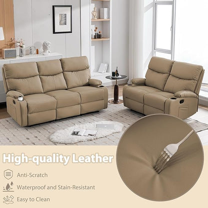 Manual Recliner Sofa Set Anti-Scratch 3 Seats Reclining, Sofa Couches with Side Pocket and Cupholders Wall Hugger Leather Couch for RV Living Room Home Theater Bedroom Apartment
