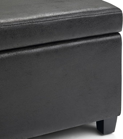 SIMPLIHOME Avalon 48 inch Wide Contemporary Rectangle Storage Ottoman Bench in Distressed Black Distressed Vegan Faux Leather, Assembled, For the Living Room, Entryway and Family Room