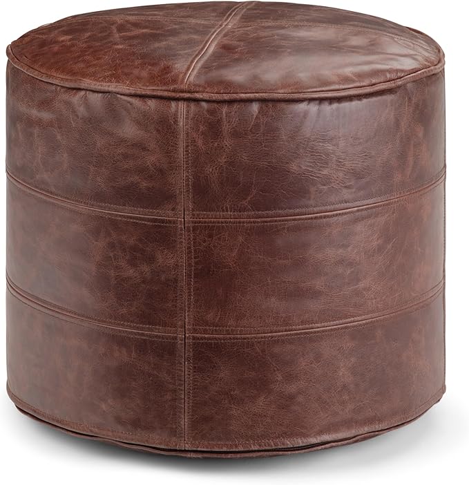 SIMPLIHOME Connor Boho Round Pouf in Distressed Brown Genuine Leather for the Living Room, Bedroom and Kids Room