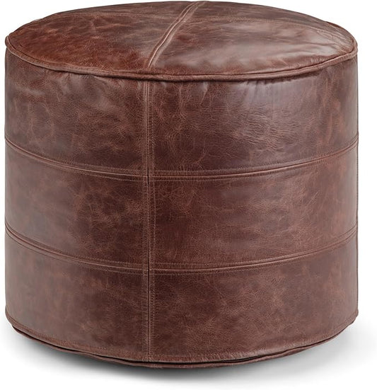 SIMPLIHOME Connor Boho Round Pouf in Distressed Brown Genuine Leather for the Living Room, Bedroom and Kids Room