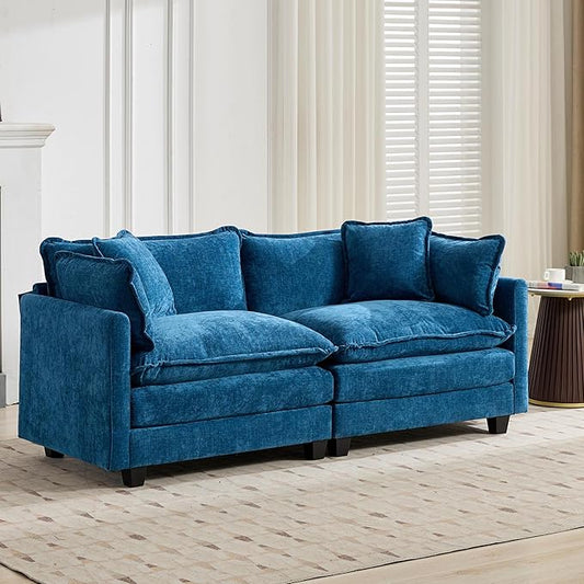 Aoowow Modular Sectional 2 Seater Cloud Sofa Couch for Living Room,78" Loveseat Couch with Deep Seat,Modern Chenille 2 Seat Sofas,Fluffy Small Couches for Bedroom,Small Spaces (Blue, 2 Seater)