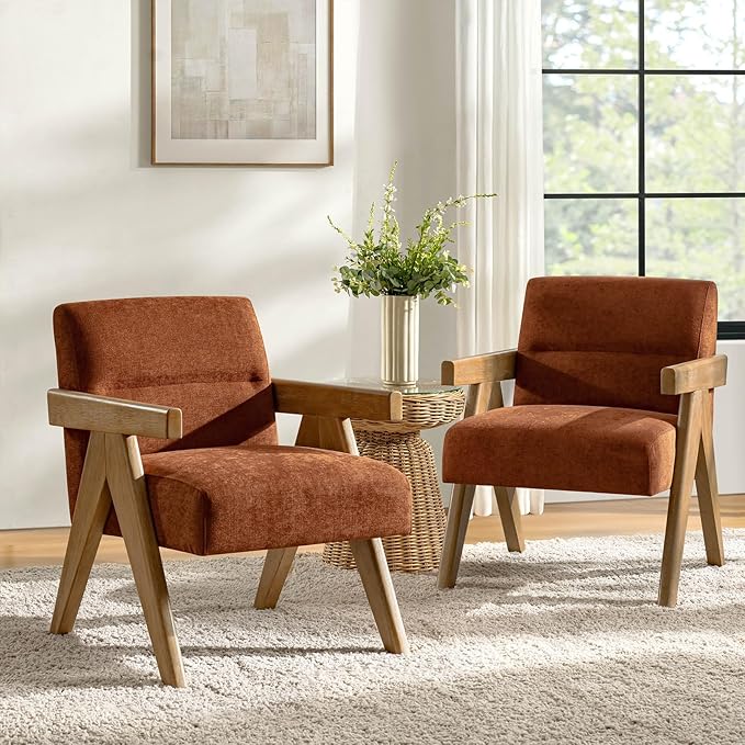 HULALA HOME Modern Accent Chair, Upholstered Arm Chair with Solid Wood Frame, Comfortable Padded Seat and Back, for Living Room, Bedroom Set of 2, Rust