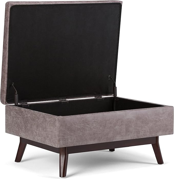 SIMPLIHOME Owen 34 inch Wide Mid Century Modern Rectangle Coffee Table Storage Ottoman in Distressed Grey Taupe Vegan Faux Leather, Assembled, for the Living Room, Entryway and Family Room