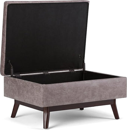 SIMPLIHOME Owen 34 inch Wide Mid Century Modern Rectangle Coffee Table Storage Ottoman in Distressed Grey Taupe Vegan Faux Leather, Assembled, for the Living Room, Entryway and Family Room