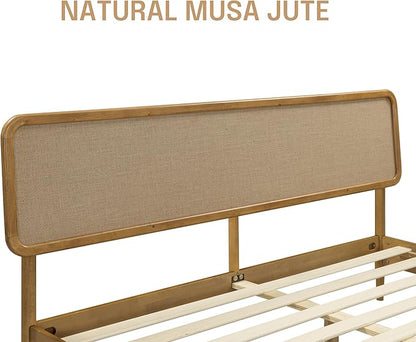 NTC Lupin Wooden Bed Frame with Headboard, Solid Oak and Rubber Wood Foundation with Silent Slats and Wood Central Supports, 1000 Lb Capacity, King - Teak Look