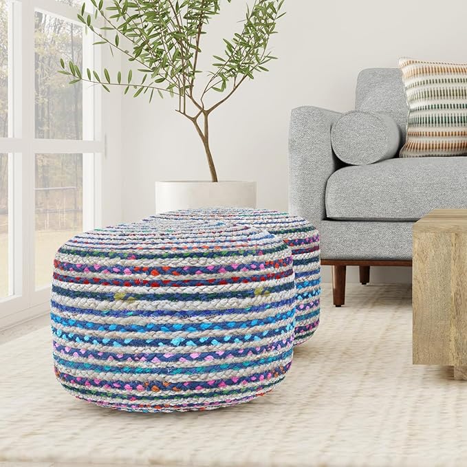 SIMPLIHOME Margo Boho Round Pouf in Blue Braided Jute for the Living Room, Bedroom and Kids Room