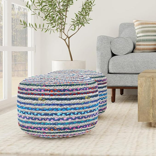 SIMPLIHOME Margo Boho Round Pouf in Blue Braided Jute for the Living Room, Bedroom and Kids Room