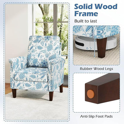 GOFLAME Floral Accent Chairs Set of 2, Comfy Upholstered Armchairs with Rubber Wood Legs and Thick Padded Cushion, High Back Single Sofa Chairs, Reading Side Chairs for Living Room, Bedroom, Blue