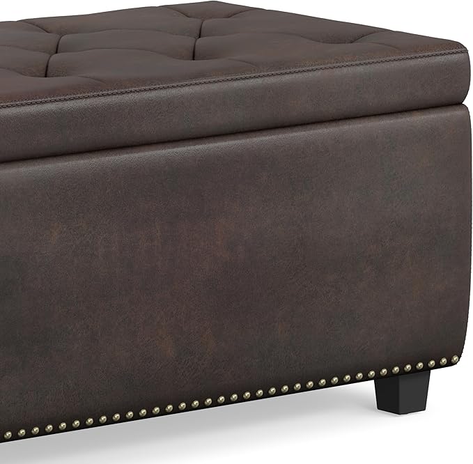 SIMPLIHOME Hamilton 48 inch Wide Transitional Rectangle Storage Ottoman in Distressed Brown Vegan Faux Leather, Assembled, For the Living Room, Entryway and Family Room