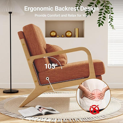 Claiks Mid-Century Modern Accent Chair, Living Room Armchair with Solid Wood Frame & Lumbar Pillow, Comfy Upholstered Lounge Chair for Bedroom, Office, Linen-Like Fabric, Orange