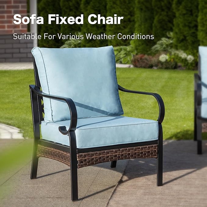 5 Piece Metal Outdoor Patio Furniture Set, Patio Conversation Sets 1 3-Seater Sofa, 2-Seater Sofa, 2 Fixed Sofa with 5.75" Thick Cushion & Coffee Table Black Backyard Furniture, Blue