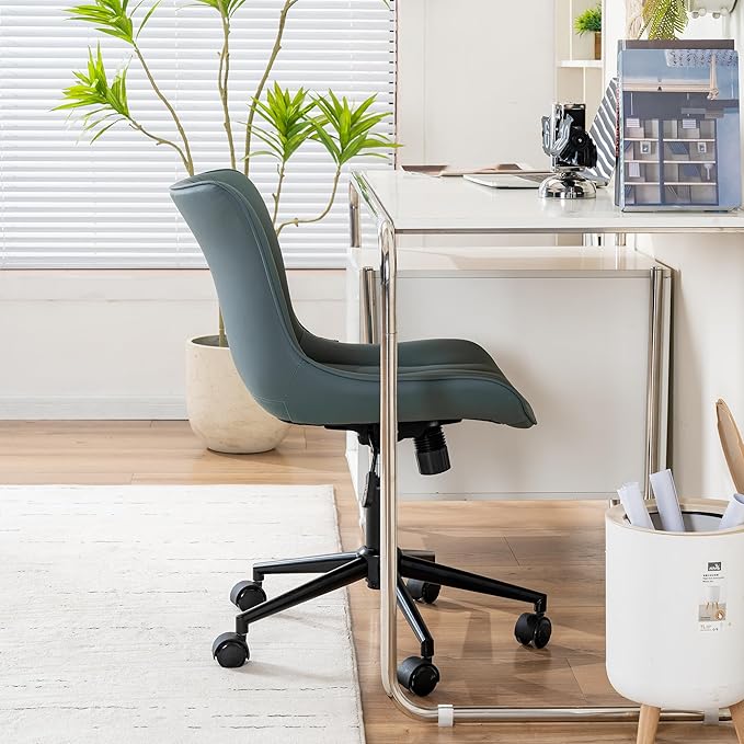YOUNIKE Office Chair Armless Desk Chair with Wheels, Home Office Computer Task Chair, Modern Faux Leather Upholstered Vanity Chair, Adjustable Swivel Rolling Office Chairs, Greyishgreen
