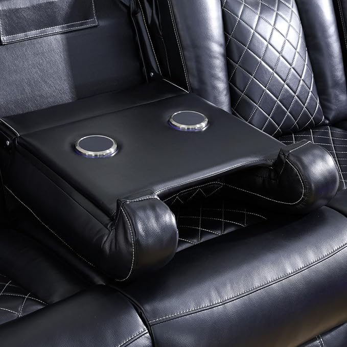 Power Reclining Sectional Sofa, Black Leather Couch with Recliners, Air Leather Sofa Couch with LED Lights/USB Port/Cup Holder for Living Room/Apartment/Office
