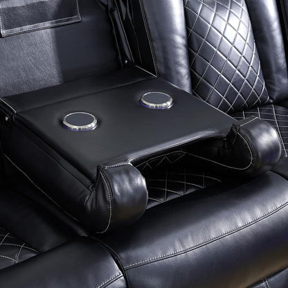 Power Reclining Sectional Sofa, Black Leather Couch with Recliners, Air Leather Sofa Couch with LED Lights/USB Port/Cup Holder for Living Room/Apartment/Office