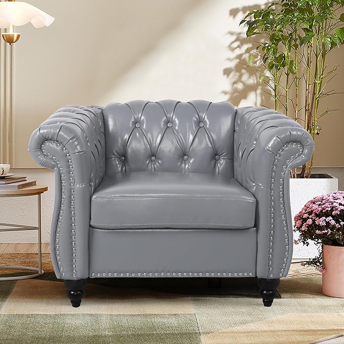 2 Piece Living Room Furniture Set, Faux Leather Loveseat and Chair Set, Mid Century Modern Upholstered Sofa Couch with Cushions, Vintage Comfy Tufted Chesterfield Couches for Bedroom, Office (Grey)