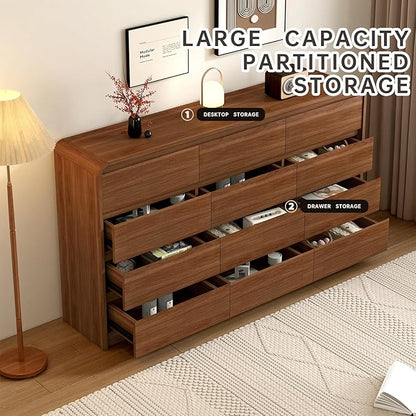 63 Inch Dresser For Bedroom 12 Drawer Wood Chest of Drawers - Curved Anti Collision, Mid Century Dresser For Closet with Natural Texture & Pre-Embedded Slots for TV Stand, Living Room, Nursery