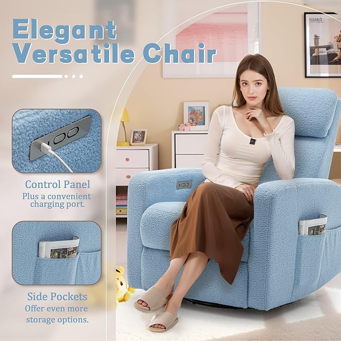 Power Swivel Recliner Chairs for Adults, Electric Glider Rocking Chair Nursery, Glider Recliner Nursery Chair with Classified Side Pocket, Nursery Rocking Chairs with USB and Type-C Ports