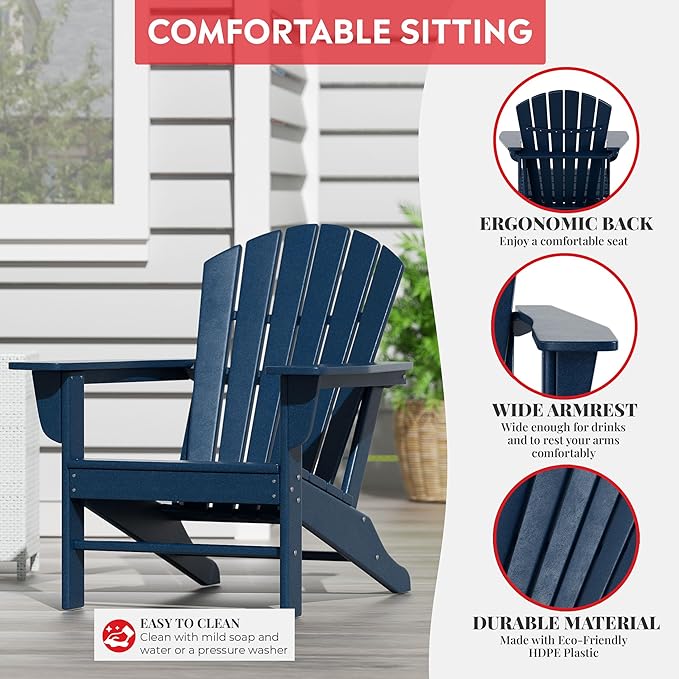 Costaelm Outdoor Adirondack Chair, HDPE Patio Chair, Weather Resistant Lawn Firepit Outside Chairs for Porch, Poolside, Garden, Backyard Deck, Navy Blue