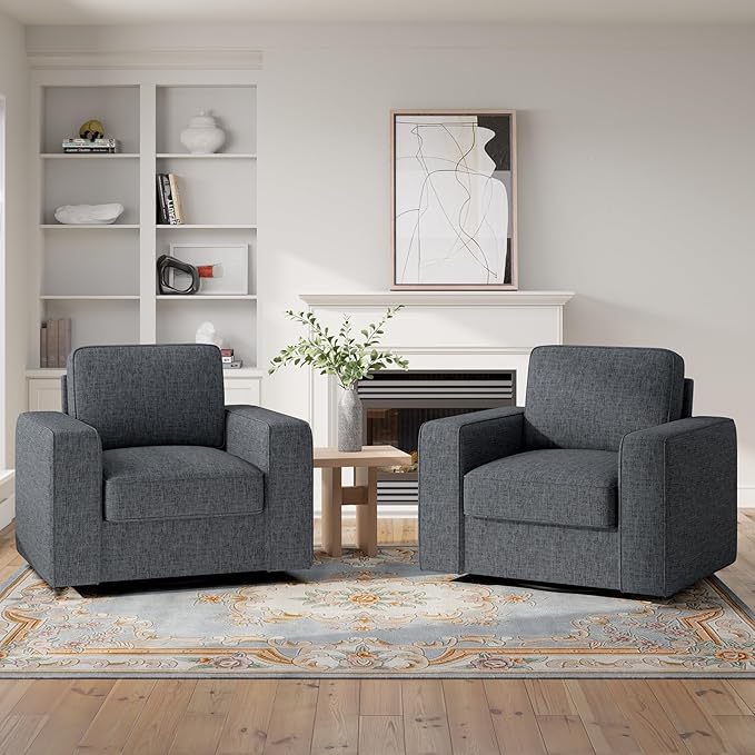 360 Degree Rotation Swivel Accent Sofa Chairs Set of 2, 36'' Width Oversized Armchairs Linen Living Room, Reading-Dark Gray
