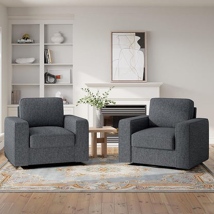360 Degree Rotation Swivel Accent Sofa Chairs Set of 2, 36'' Width Oversized Armchairs Linen Living Room, Reading-Dark Gray
