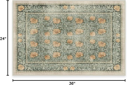 RUGGABLE x Morris & Co Washable Area Rug– Pimpernel Vintage Green 2x3, Stain-Resistant, Non-Slip – Small Machine Washable Rugs for Living Room, Bedroom, Hallway, Entryway & Bathroom–with Standard Pad