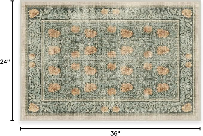 RUGGABLE x Morris & Co Machine Washable Area Rug – Pimpernel Vintage Green 2x3, Stain-Resistant, Non-Slip – Small Rugs for Living Room, Bedroom, Hallway, Entryway & Bathroom–with Cushioned Pad