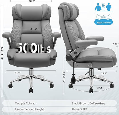 Office Chair, 5D Flip Arm Ergonomic Desk Chair with Adjustable Lumbar Support for Back Pain, Extra Wide 500LBS Comfy Big and Tall Office Chair, Executive Leather Computer Game Chair for Heavy People