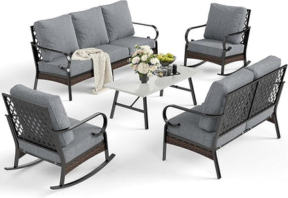 5 Piece Metal Outdoor Patio Furniture Set, Patio Conversation Sets 3-Seater Sofa, 2-Seater Sofa, 2 Rocking Sofa with 5.75" Thick Cushion & Coffee Table Black Backyard Furniture, Gray