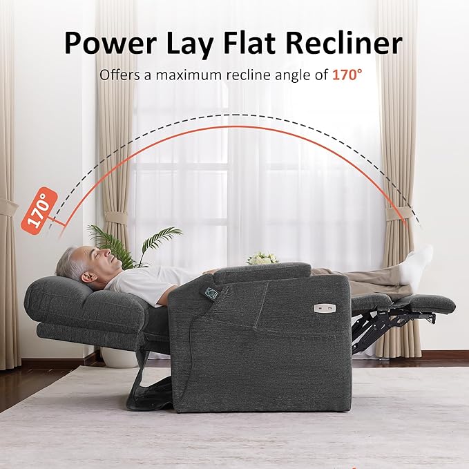 MCombo Lay Flat Dual Motor Power Lift Recliner Chair with Massage & Dual Heating, Arm Storage, Extended Footrest, USB A/C Ports & Cup Holders, Infinite Position for Elderly, Fabric LC002 (Gray)