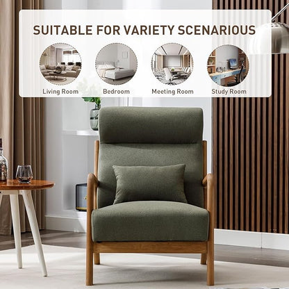 ANJHOME Mid Century Modern High Back Accent Chairs Set of 2, Single Lounge Armchair with Solid Wood Frame, Comfy Reading Chair for Living Room, Easy Assembly