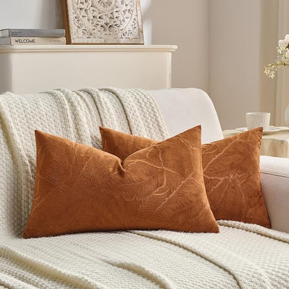 FUTEI Rust Velvet Throw Pillow Covers 12x20 Inch Set of 2,Soft Embossed Leaf-Relief Textured Lumbar Pillow Cases,Natural Home Decor for Couch Living Room