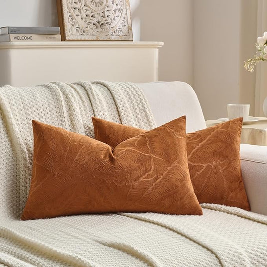 FUTEI Rust Velvet Throw Pillow Covers 12x20 Inch Set of 2,Soft Embossed Leaf-Relief Textured Lumbar Pillow Cases,Natural Home Decor for Couch Living Room
