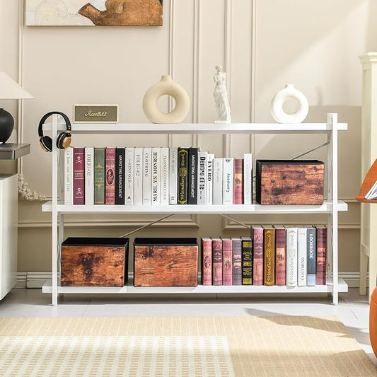 HCHQHS Bookshelf, 3-Tier Long Industrial Bookcase, White Open Book Shelf, Freestanding Horizontal Bookshelves with Metal Frame