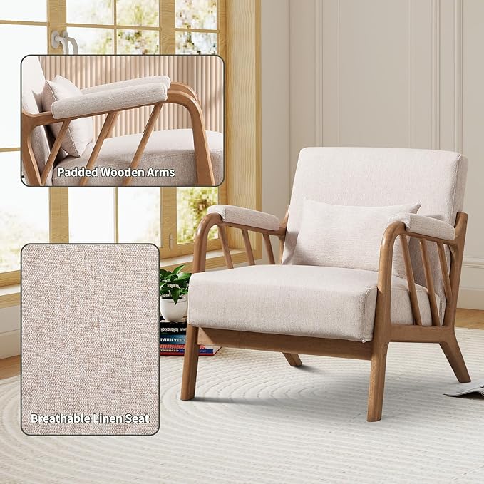 Mid Century Modern Accent Chair with Solid Wood Frame, Upholstered Living Room Chairs with Lumbar Cushion Padded Arms, Reading Armchair for Bedroom (1, Linen Beige)
