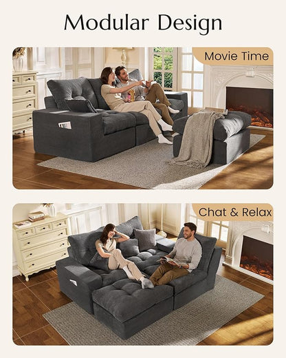 High Back Boneless Couch, L-Shaped Cloud Couch with Versatile 2-Pack Pillow Blankets, Corduroy Modular Sectional Sofa with Ottoman, No Assemble Sectional Couches for Living Room, Dark Grey