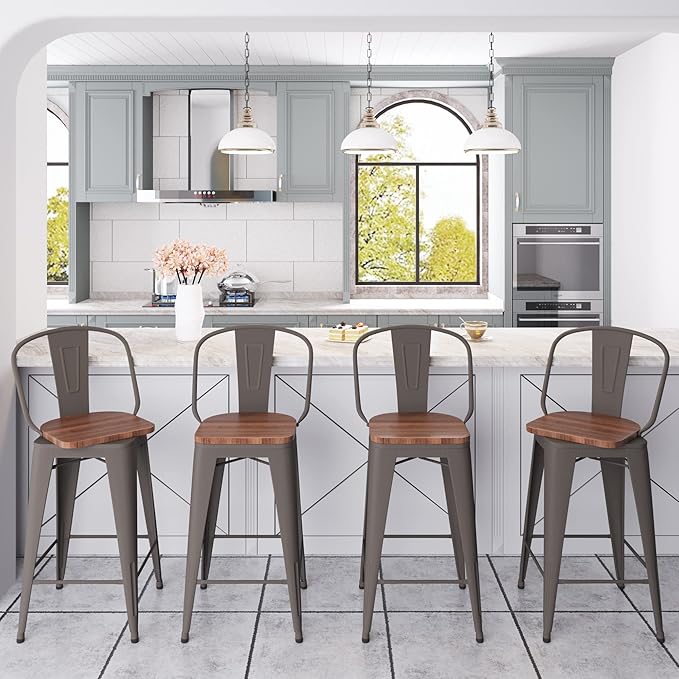 Aklaus Swivel Metal Bar Stools with Backs Counter Stools Set of 4 Counter Height Stools High Back Bar Chairs 26 Inch Barstools Farmhouse Rusty