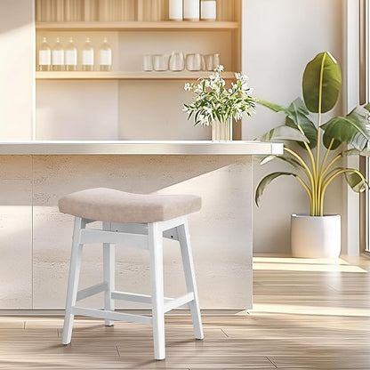 ALPHA HOME Bar Stools Set of 1, Solid Wood Saddle Kitchen Stools with Grey PU Leather Cushion Counter Height Barstools with Wooden Base for Kitchen Dining Cafe, 24 Inch, 1PCS