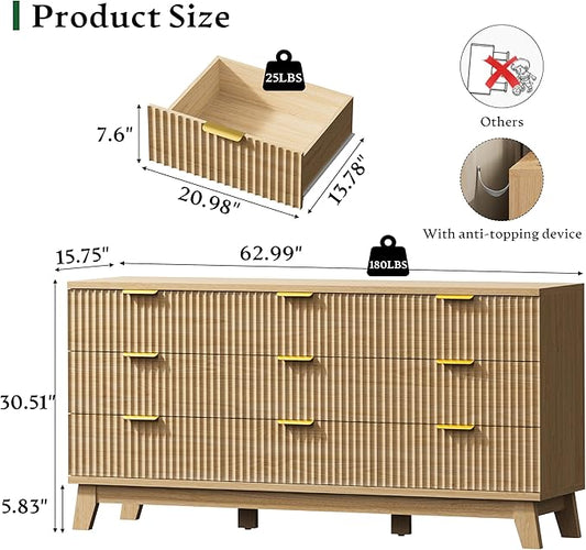 Fluted Dresser with 9 Drawers, 63" Wide Modern Chest of Drawers with Metal Handle, Wooden Dresser TV Stand, Wood Closet Clothes Storage Organizer for Bedroom, Living Room, Hallway, Natural Oak