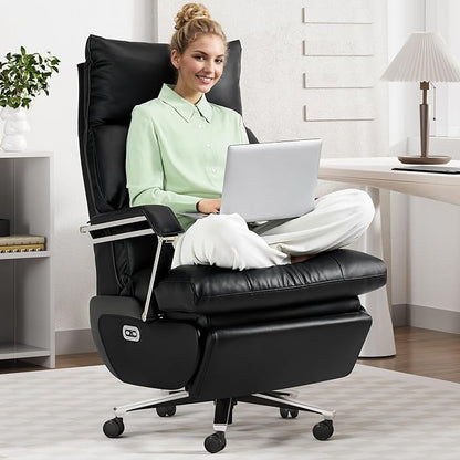 M80A Dual Motor Electric Executive Office Chair with Footrest, Comfortable Reclining Office Chair Wide Seat, Big and Tall Ergonomic Leather Home Office Desk Chair (Black,No Massage)