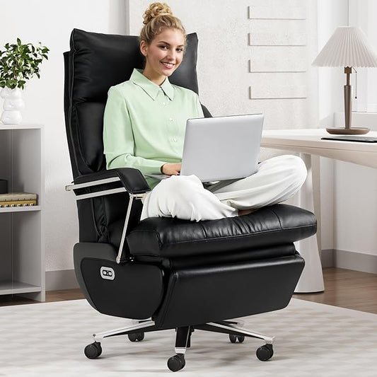 M80A Dual Motor Electric Executive Office Chair with Footrest, Comfortable Reclining Office Chair Wide Seat, Big and Tall Ergonomic Leather Home Office Desk Chair (Black,No Massage)