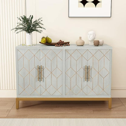HLR 48" Accent Cabinet with 4 Doors and Shelves, Modern Credenza Storage Cabinet with Gold Trim, Green Buffet Cabinet for Living Room, Kitchen, Dining Room, Hallway