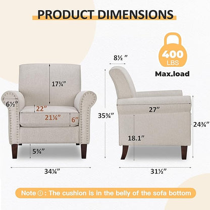 PrimeZone Comfy Accent Chair, Mid-Century Modern Fabric Living Room Chair Reading Chair with Soft Cushion, Nailhead Trim & Rolled Armrest, Arm Chair Sofa Chairs for Bedroom Waiting Room Office, Beige