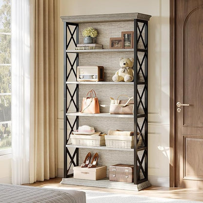 Tribesigns 71-Inch Tall Bookcase, 5-Tier Industrial Metal Bookshelf, Large Etagere Bookcases and Bookshelves, Freestanding Display Shelves for Living Room, Bedroom, Gray and Black (Set of 2)