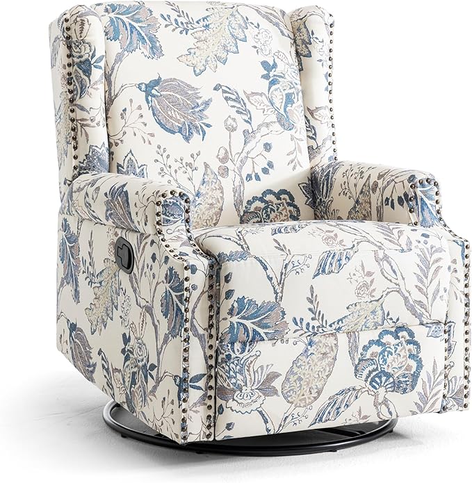UIXE Swivel Rocker Manual Recliner Chair, Wingback Swivel Glider Fabric Nursery Reclining Sofa Chair, High Back Upholstered Arm Chair for Living Room Bedroom - Blue Plants