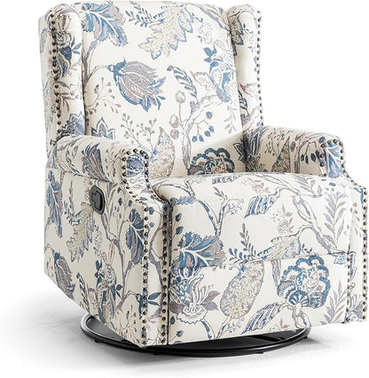 UIXE Swivel Rocker Manual Recliner Chair, Wingback Swivel Glider Fabric Nursery Reclining Sofa Chair, High Back Upholstered Arm Chair for Living Room Bedroom - Blue Plants