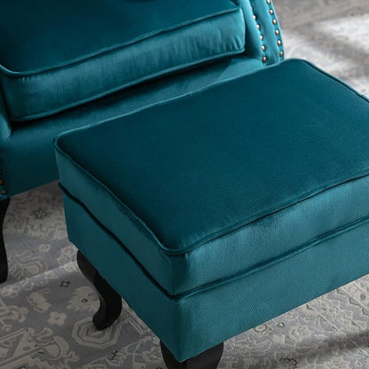chairus Mid-Century Modern Accent Chairs with Ottoman Set of 2, Comfy Velvet Single Sofa Chair Button Tufted Wingback Armchairs with Pillow for Living Room/Bedroom/Club - Teal