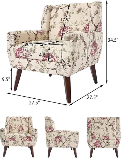 Accent Chair, Modern Linen Blend Arm Chair for Living Room, Bedroom, Comfy High-Resilient Sponge Reading Chair for Small Spaces (Pattern Red Floral, Set of 1)