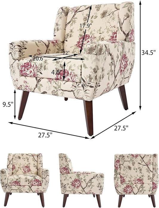 Accent Chair, Modern Linen Blend Arm Chair for Living Room, Bedroom, Comfy High-Resilient Sponge Reading Chair for Small Spaces (Pattern Red Floral, Set of 1)