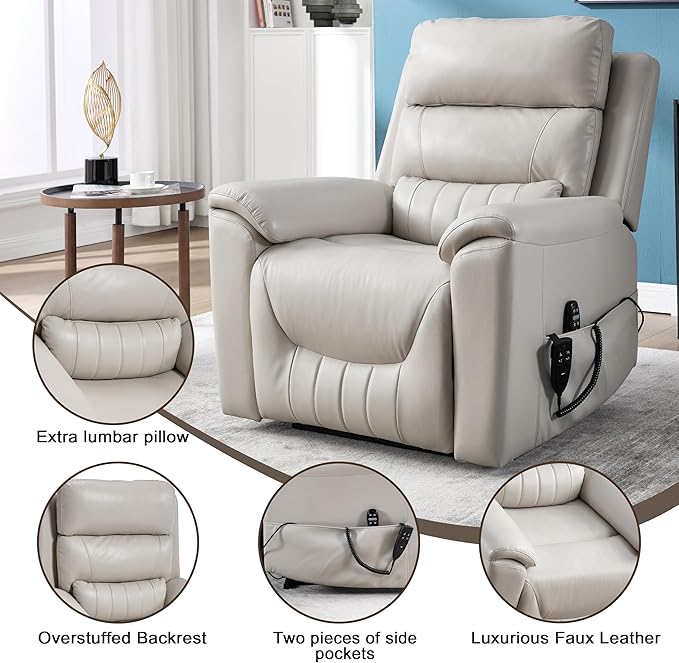 Power Lift Recliner Chair for Elderly People, Dual Motor Lay Flat Recliner with Vibration Massage and Heat, Heavy Duty Motion Mechanism Standing Assistance Reclining Chair, Faux Leather Light Gray