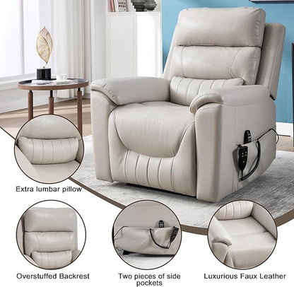 Power Lift Recliner Chair for Elderly People, Dual Motor Lay Flat Recliner with Vibration Massage and Heat, Heavy Duty Motion Mechanism Standing Assistance Reclining Chair, Faux Leather Light Gray